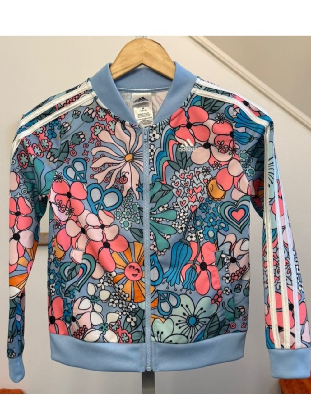Adidas Floral Print Tricot Track Jacket GirlsLightweight Blue Sun Full Zip